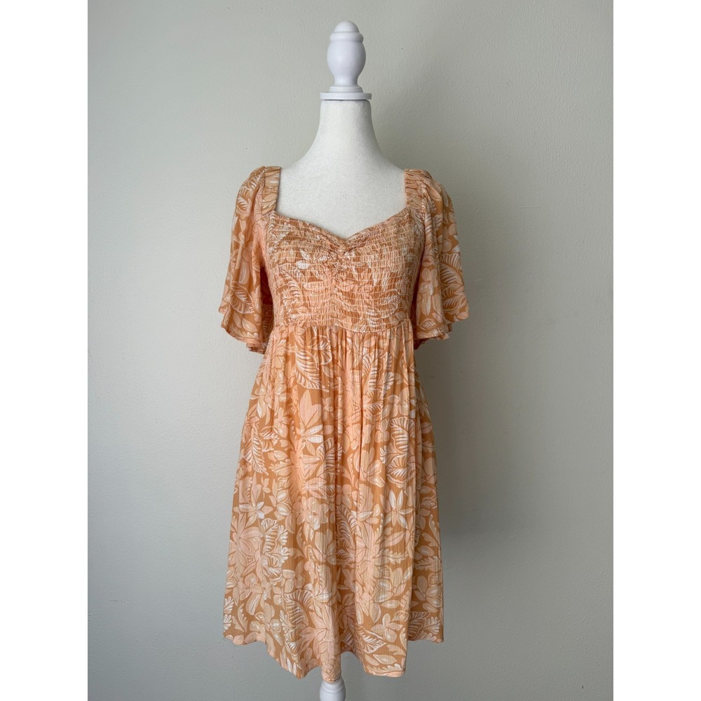 Roxy Peach Floral Smocked Backless Mini Dress Women's Medium Boho Flutter Sleeve